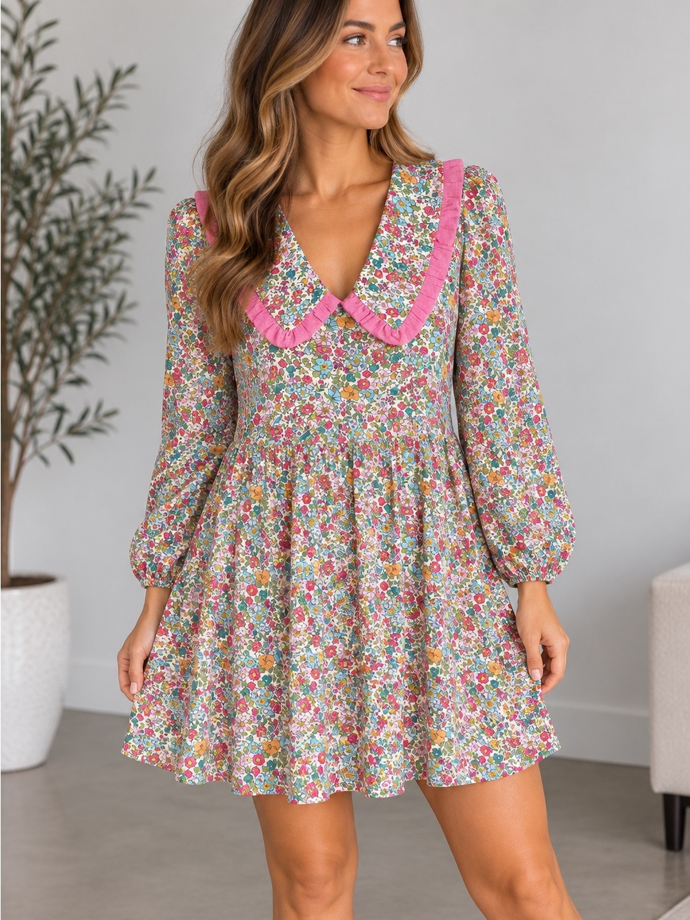 entro Pink-Trim Floral Mini Dress